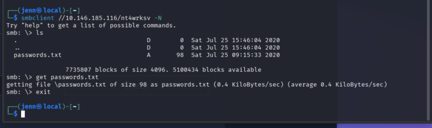 Directory listing of nt4wrksv share showing passwords.txt, get command downloading it